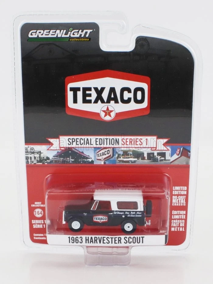 MODELLINO AUTO STATICO GREENLIGHT HARVESTER SCOUT TEXACO 1963 NERO BIANCO 1/64 - Immagine 1 di 1