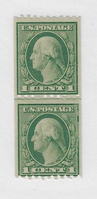 Scott # 486, 1 cent green, Washington, coil line pair,1916-18, MNH, VF+ - Image 1 of 2