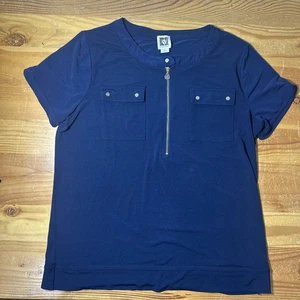 Anne Klein Navy Blue Mandarin Neck Size L Women Tunic Gold Accents Heavy Fabric  - Picture 1 of 9