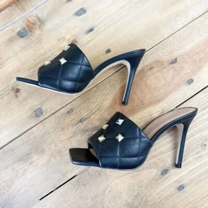 Aldo Black Leather Quilted Studded Sandals Heels 8 - Picture 1 of 7