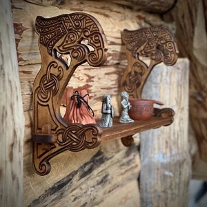 Handcrafted Viking Wall Shelf Odin’s Ravens Сarved wood furniture - Picture 1 of 13