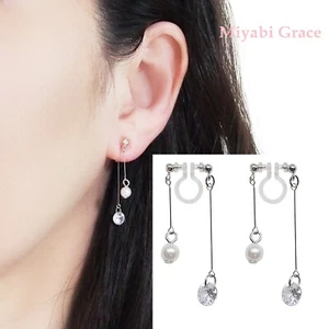 Pendientes de clip invisibles de cristal de circonita cúbica con perlas de doble cara de plata circonita cúbica - Imagen 1 de 12