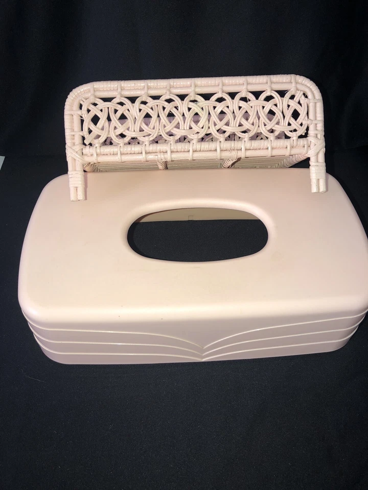 Vintage Pink Tissue Box Holder Cover Plastic &  Bamboo Hand Towel Holder C1 - Image 1 of 4