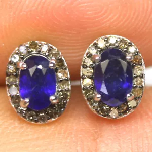 Piedra Preciosa 4 x 6 Mm. Zafiro Azul&Diamante Pendientes 925 Plata - Imagen 1 de 4