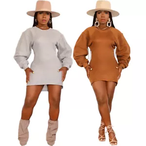 Fashion Women Solid Long Puff Sleeves Crew Neck Bodycon Winter Party Mini Dress - Picture 1 of 13