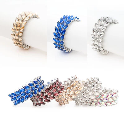 Elegantes Damen Stretch Armband funkelnden Schmucksteinen Blatt-Design Hochzeit - Bild 1 von 2