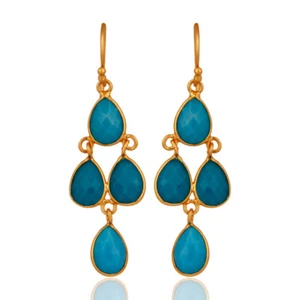 Turquoise Gemstone 925 Silver Gold Plated Dangle Earrings Wedding Jewelry - Picture 1 of 4