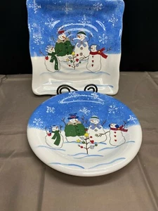 Set of 2 Serving Platters ~ St Nicholas Square "BUTTON UP" Snowman ~ 11" - Picture 1 of 9