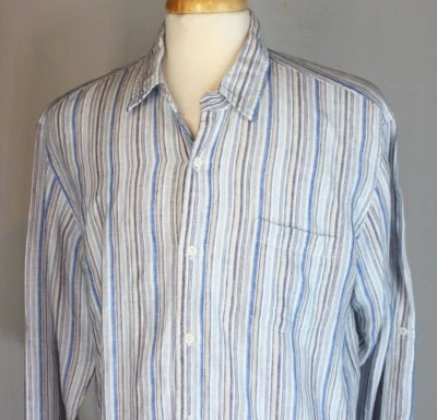 TravelSmith Hombre 100% Lino Azul Rayas Manga Larga Botón Delantero Camisa Talla XL Foto 1 de 4