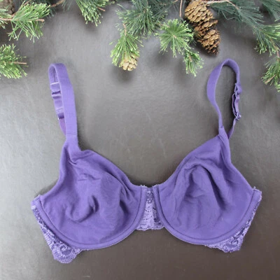 Vanity Fair Bra Size 34D Purple Lace Underwire Adjustable Clasp Back - Image 1 of 4