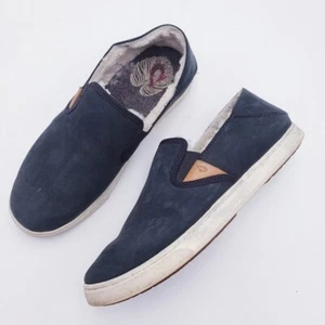 Olukai Pehuea Heu Genuine Shearling Slip-On Sneaker Black Leather Size 9 - Picture 1 of 11