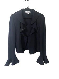 St. John Size 10 Black Bell Sleeve Ruffle Front Knit Cardigan Sweater READ - Foto 1 di 8