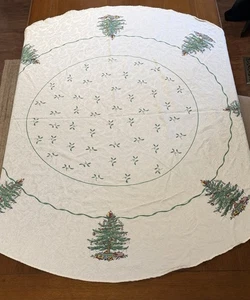 Spode Christmas Tree Tablecloth 68” Round Ivory Green Holiday Cotton Blend - Picture 1 of 7
