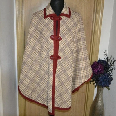 Butte Knit Red Beige Tan Plaid Casual Cozy Cottage Core Prairie Winter Poncho - Image 1 of 4