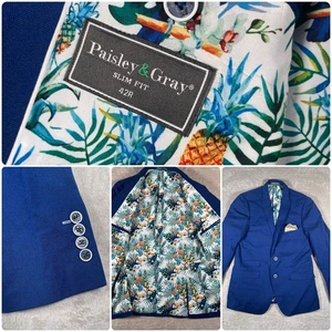 Paisley & Gray Blazer Mens 42R Slim Fit Blue Hawaiian Tropical Print Linen Blend - Picture 1 of 13