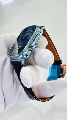 Custom Apple Watch ULTRA 2 49mm SKY BLUE Polished Anodized Black Leather LTE GPS - Image 1 of 4