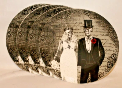 Harvest Green Halloween Skeleton Bride & Groom Four 10 1/2" Dinner Plates New - Image 1 of 3