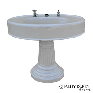 Antique Victorian White Cast Iron Porcelain Enamel Pedestal Bathroom Sink - Picture 1 of 15