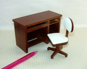 Miniature Walnut Computer Desk w/Upholstered Task Chair Set: DOLLHOUSE 1:12 - Picture 1 of 5