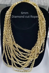 10KT Rope Necklace Yellow Gold 6mm, Premium Diamond Cut, Lobster Lock, Real Gold - Picture 1 of 7