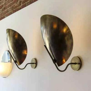 Antique Curved Brass Shades Wall Scones = Italian Light - Italian Brass Scones - Picture 1 of 6