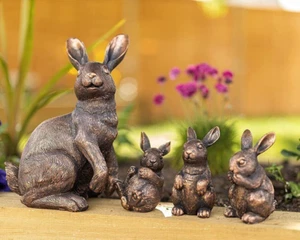 Kaninchen Familie Gartenornament Hasen Hase Außendekor Bronzeeffekt Statuen - Bild 1 von 24
