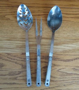 Massive & geschlitzte Servierlöffel mit Gabel Holzgriff Edelstahl Vintage Japan - Bild 1 von 14