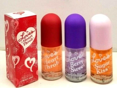 Paquete de 3 LOVE'S BODY MIST 1,5 OZ Berry Sweet, Heart Throb, Sugar Kiss de Dana SIN CAJA Foto 1 de 4