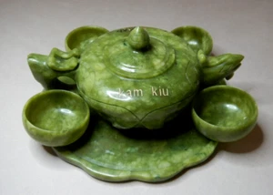 VINTAGE CHINESE CARVED JADE 7 PIECE TEA SET DRAGON PHOENIX - Picture 1 of 13