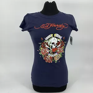 Junior Medium Ed Hardy Vintage Y2K Dead Stock T-Shirt ""Love Dies Hard"" Neu Marineblau - Bild 1 von 5