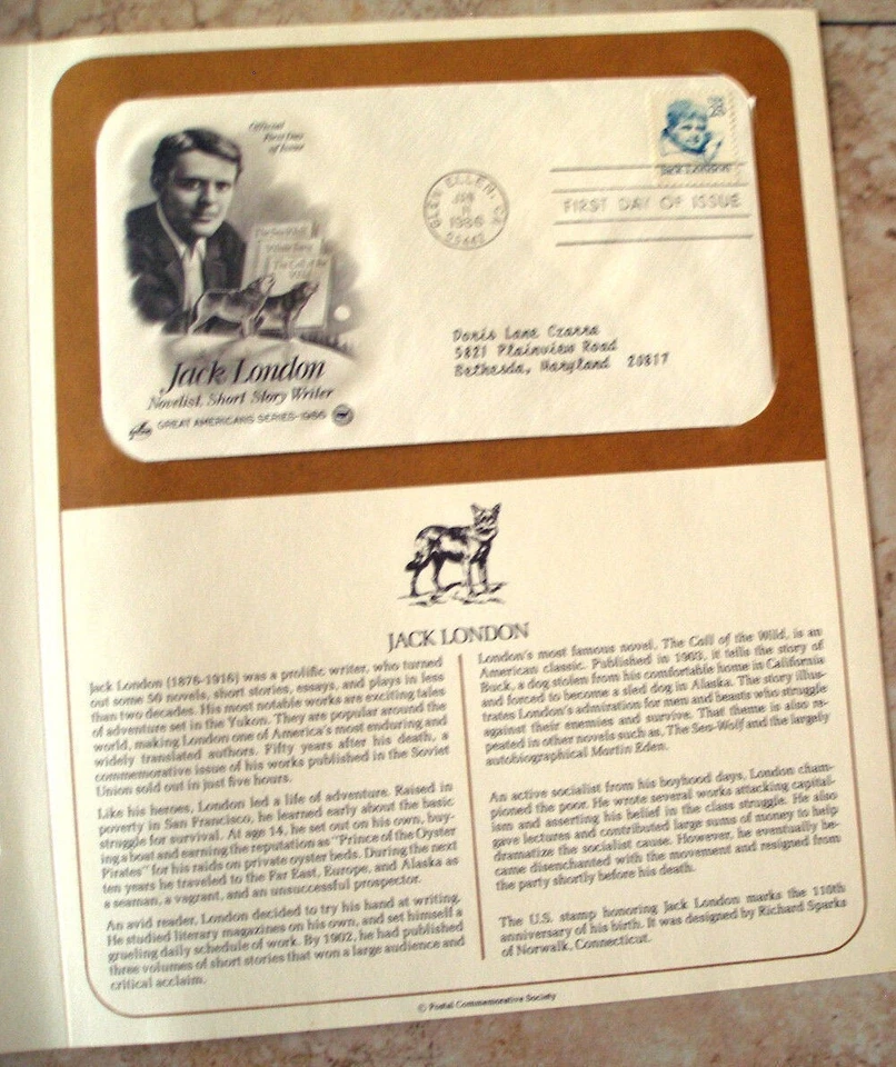 Postal Society First Day Cover FDC stamp # 2182 25 cent Jack London 1986 - Image 1 of 1