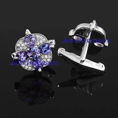 Natural Tanzanite & CZ Gemstones with 925 Sterling Silver Cufflinks For Men's #6 - Image 1 of 4
