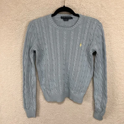 Antigo Suéter Feminino Ralph Lauren Malha de Cabo Azul Médio Preppy Casual Hong Kong - Imagem 1 de 4