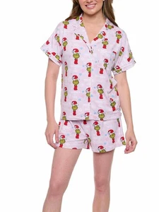 Womens Dr Seuss Grinch Pajamas Button Up Shirt and Shorts 2-Piece Lounge Set - Picture 1 of 8