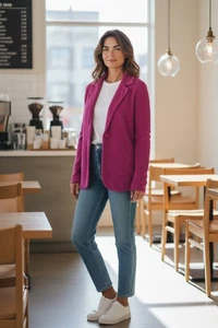 Neiman Marcus 100% Kaschmir Blazer Pullover Jacke Damen L Lila Magenta - Bild 1 von 14