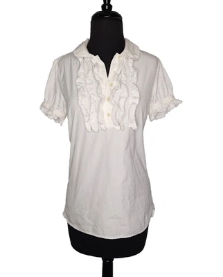 Y2K JUICY COUTURE White Cotton Blouse 8 Short Sleeve Shirt Half Button Ruffles - Image 1 of 4
