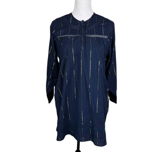 DRA Los Angeles S Navy Gold Metallic Striped Eyelet Long Sleeve Shift Mini Dress - Picture 1 of 12