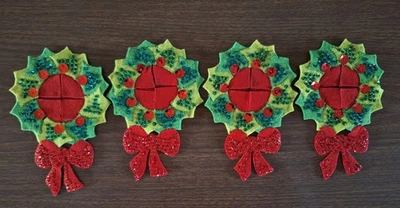 LOTE HECHO A MANO DE COLECCIÓN 4 Bucilla Navidad Pomo Colgador Adorno CORONA LENTEJUELAS FIELTRO Foto 1 de 4