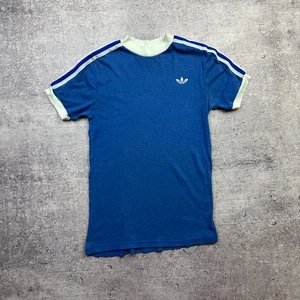 Vintage 1970s Adidas Trefoil Three‑Stripe Ringer Tee Blue w/ White Trim Men - Picture 1 of 15