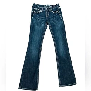 LA Idol Y2K Vintage Dark Wash Low-Rise Flare Bold Stitching Jeans Juniors Sz 5 - Picture 1 of 16