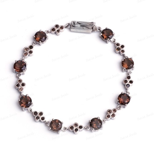 VALENTINO Braccialetto Fatto a Mano Quarzo Fumo Argento Sterling 925 Gemma Rotonda Regalo per Lei