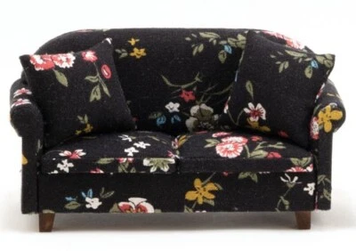 Sofá sofá miniatura de tela floral negro para casa de muñecas con 2 almohadas CLA10956 Foto 1 de 2