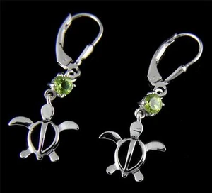 GENUINE PERIDOT SILVER 925 HAWAIIAN HONU TURTLE LEVERBACK EARRINGS RHODIUM 13MM - Picture 1 of 2