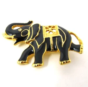 Vintage Elephant Pin Black Enamel Lucky Trunk Up Figural Gold Tone Metal Trim - Picture 1 of 4