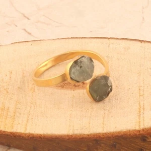 March Birthstone Raw Aquamarine Gold Plated Double Stone Adjustable Ring For Her - Picture 1 of 3