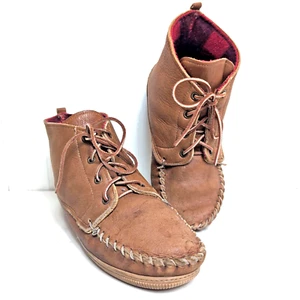 Vtg Mr Bick moose leather moccasin boots brown wool lined 8.5 ladies booties USA - Picture 1 of 9