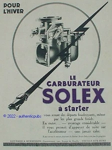PUBLICITE SOLEX CARBURATEUR A STARTER POUR L'HIVER FROID DE 1933 FRENCH AD PUB - Imagen 1 de 1