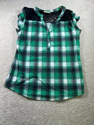 Top Bobbie Brooks para mujer XL verde a cuadros detalles de encaje algodón spandex Foto 1 de 4