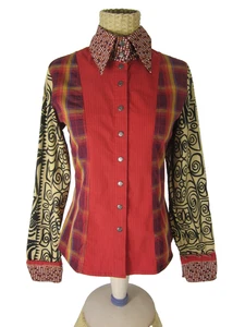 Vtg Save The Queen Womens S Rust Brown Plaid Striped Abstract Snap LS Shirt - Picture 1 of 16