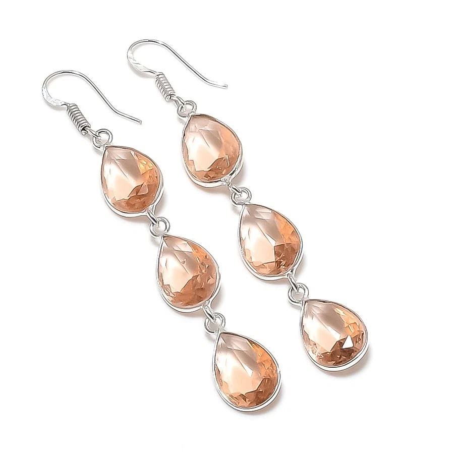 Peach Morganite Gemstone Handmade 925 Sterling Silver Jewelry Earring Size 3" - Image 1 of 1
